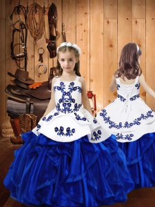 Fashion Royal Blue Ball Gowns Straps Sleeveless Organza Floor Length Lace Up Embroidery and Ruffles Little Girls Pageant Dress