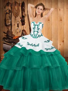 Free and Easy Turquoise Quinceanera Dresses Military Ball and Sweet 16 and Quinceanera with Embroidery and Ruffled Layers Strapless Sleeveless Sweep Train Lace Up