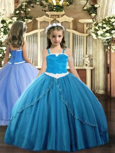 Blue Child Pageant Dress Straps Sleeveless Sweep Train Lace Up