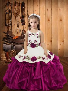 Amazing Sleeveless Floor Length Embroidery and Ruffles Lace Up High School Pageant Dress with Fuchsia