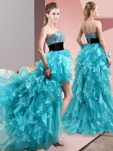 Great Sweetheart Sleeveless Dress for Prom High Low Beading and Ruffles Aqua Blue Organza