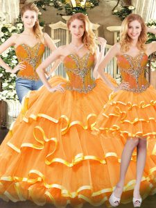 Organza Sweetheart Sleeveless Lace Up Beading and Ruffled Layers Quinceanera Gown in Orange Red
