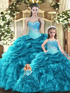 Custom Designed Floor Length Teal Vestidos de Quinceanera Tulle Sleeveless Beading and Ruffles and Ruching and Pick Ups
