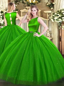 Elegant Green Tulle Clasp Handle Quince Ball Gowns Sleeveless Floor Length Belt