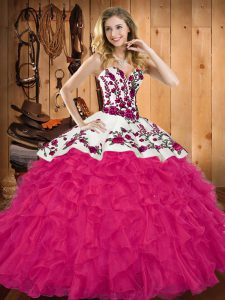 Modest Hot Pink Lace Up Vestidos de Quinceanera Embroidery and Ruffles Sleeveless Floor Length