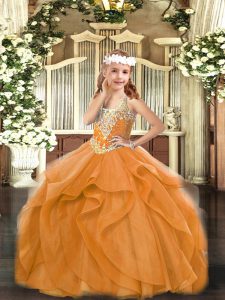Exquisite Orange Red Ball Gowns V-neck Sleeveless Tulle Floor Length Lace Up Beading and Ruffles Little Girls Pageant Dress