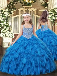 Baby Blue Tulle Lace Up Straps Sleeveless Floor Length Evening Gowns Beading and Ruffles