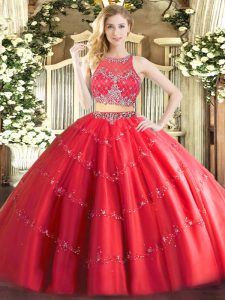 Popular Red Tulle Zipper Scoop Sleeveless Floor Length 15th Birthday Dress Beading
