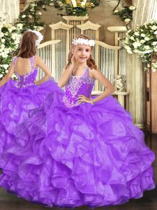 Lavender Ball Gowns Beading and Ruffles Pageant Dress Toddler Lace Up Organza Sleeveless Floor Length