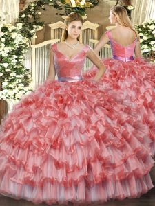 Watermelon Red Ball Gowns Ruffled Layers Quinceanera Gowns Zipper Organza Sleeveless Floor Length