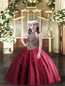 Wine Red Sleeveless Tulle Lace Up Pageant Dress for Teens for Party and Quinceanera