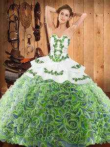 Discount Satin and Fabric With Rolling Flowers Strapless Sleeveless Sweep Train Lace Up Embroidery Quinceanera Dress in Multi-color