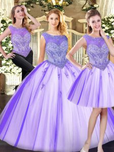 Glittering Scoop Sleeveless Zipper Sweet 16 Dresses Lavender Tulle