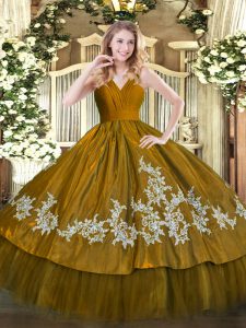 Adorable Brown Zipper V-neck Embroidery Quinceanera Dress Satin and Tulle Sleeveless