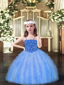 Baby Blue Sleeveless Beading and Ruffles Floor Length Pageant Gowns For Girls