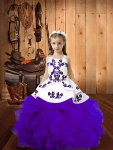 Organza Straps Sleeveless Lace Up Embroidery and Ruffles Little Girl Pageant Gowns in Eggplant Purple