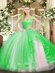 Elegant Green Ball Gowns Beading and Ruffles 15th Birthday Dress Zipper Tulle Sleeveless Floor Length