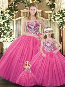 Hot Pink Quince Ball Gowns Military Ball and Sweet 16 and Quinceanera with Beading Sweetheart Sleeveless Lace Up