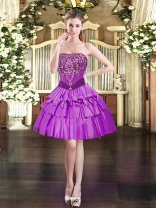 Purple Ball Gowns Organza Strapless Sleeveless Beading Mini Length Lace Up Prom Evening Gown