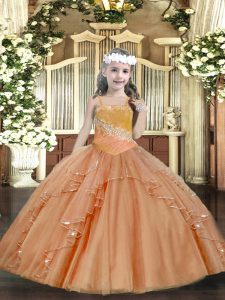 Floor Length Lace Up Winning Pageant Gowns Rust Red for Party and Sweet 16 and Quinceanera and Wedding Party with Beading and Ruffles and Sequins