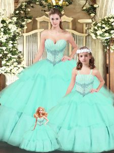 Hot Sale Aqua Blue Quinceanera Dress Military Ball and Sweet 16 and Quinceanera with Beading and Ruching Sweetheart Sleeveless Lace Up