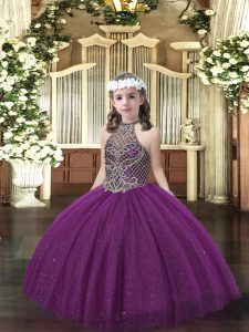 Fashion Dark Purple Tulle Lace Up Halter Top Sleeveless Floor Length Pageant Dresses Beading