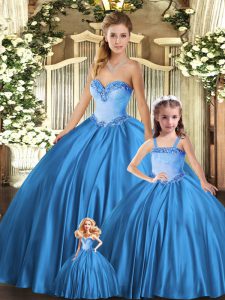 Floor Length Lace Up Ball Gown Prom Dress Teal for Military Ball and Sweet 16 and Quinceanera with Beading