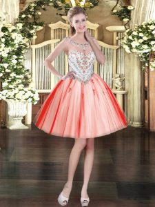 Sleeveless Mini Length Beading and Appliques Zipper Prom Dresses with Coral Red