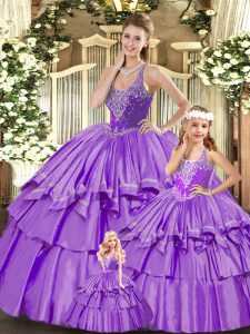 Sleeveless Floor Length Beading and Ruffled Layers Lace Up 15th Birthday Dress with Lilac