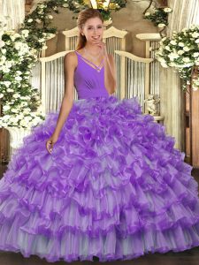 Customized Floor Length Lavender Sweet 16 Dress V-neck Sleeveless Backless