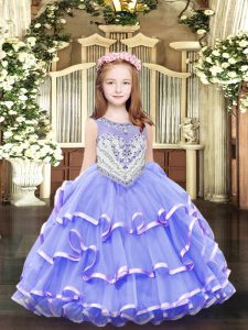 Floor Length Zipper Pageant Dress Lavender for Party and Quinceanera with Beading and Ruffled Layers
