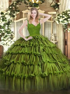 Olive Green V-neck Zipper Beading and Ruffled Layers Quinceanera Dress Sleeveless