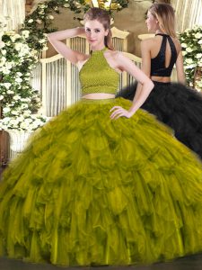 Beading and Ruffles Quince Ball Gowns Olive Green Backless Sleeveless Floor Length