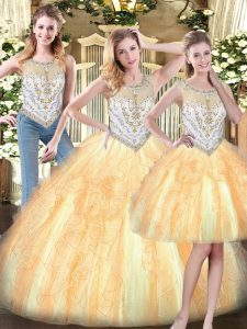 Fine Beading and Ruffles 15th Birthday Dress Gold Zipper Sleeveless Floor Length