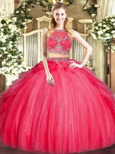 Admirable Red Quince Ball Gowns Military Ball and Sweet 16 and Quinceanera with Beading and Ruffles Scoop Sleeveless Zipper