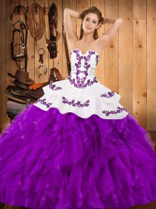 Sleeveless Satin and Organza Floor Length Lace Up 15th Birthday Dress in Eggplant Purple with Embroidery and Ruffles