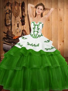Green Sleeveless Embroidery and Ruffled Layers Lace Up Quince Ball Gowns