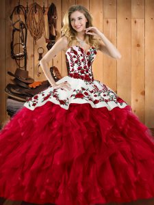 Sophisticated Satin and Organza Sweetheart Sleeveless Lace Up Embroidery and Ruffles Quinceanera Dresses in Wine Red