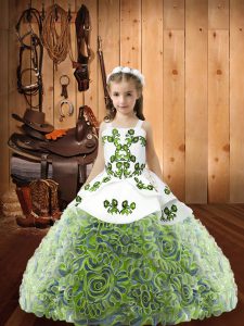Low Price Multi-color Fabric With Rolling Flowers Lace Up Little Girl Pageant Dress Sleeveless Floor Length Embroidery and Ruffles