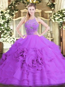 Excellent Eggplant Purple Sleeveless Floor Length Beading and Ruffled Layers Zipper Quinceanera Dress