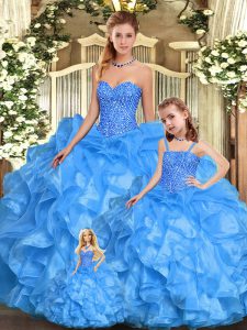 Latest Baby Blue Organza Lace Up Sweetheart Sleeveless Floor Length Quinceanera Dresses Beading and Ruffles