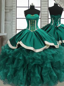 Modern Turquoise Organza Lace Up 15 Quinceanera Dress Sleeveless Floor Length Beading and Ruffles