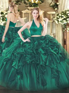 Organza Halter Top Sleeveless Zipper Ruffles Quinceanera Gowns in Dark Green