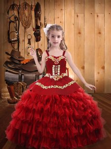 Customized Floor Length Ball Gowns Sleeveless Red Pageant Dress for Girls Lace Up