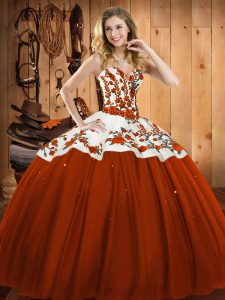 Floor Length Rust Red Quinceanera Dress Satin and Tulle Sleeveless Embroidery
