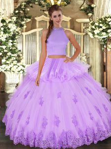 Noble Beading and Appliques and Ruffles Sweet 16 Dresses Lavender Backless Sleeveless Floor Length