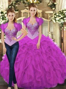 Discount Fuchsia Ball Gowns Beading and Ruffles Vestidos de Quinceanera Lace Up Tulle Sleeveless Floor Length