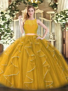 Gold Sleeveless Floor Length Lace and Ruffles Zipper Sweet 16 Dresses