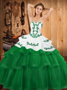 Embroidery and Ruffled Layers Quinceanera Dress Green Lace Up Sleeveless Sweep Train