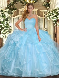 Sleeveless Floor Length Ruffles Lace Up Quinceanera Gown with Aqua Blue